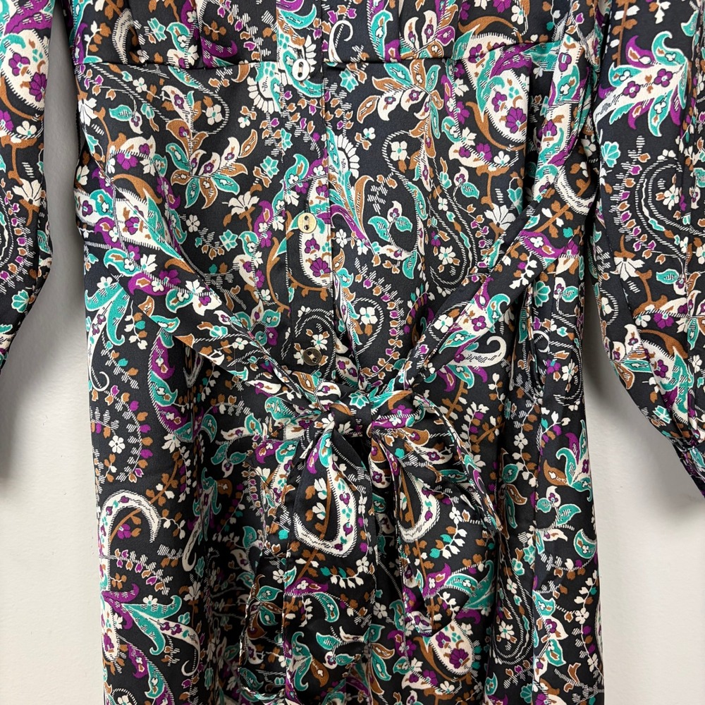 Ann Taylor Floral Belted Shirtdress Button Front Long Sleeve Midi Black Size 2 - Picture 7 of 15